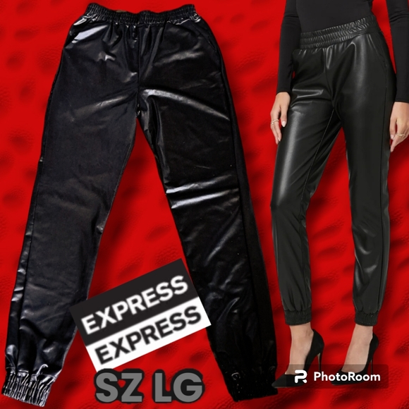 EXPRESS Vegan Liquid Leather Joggers in Black As Night Couquette Vamp Sz Large - Picture 2 of 6